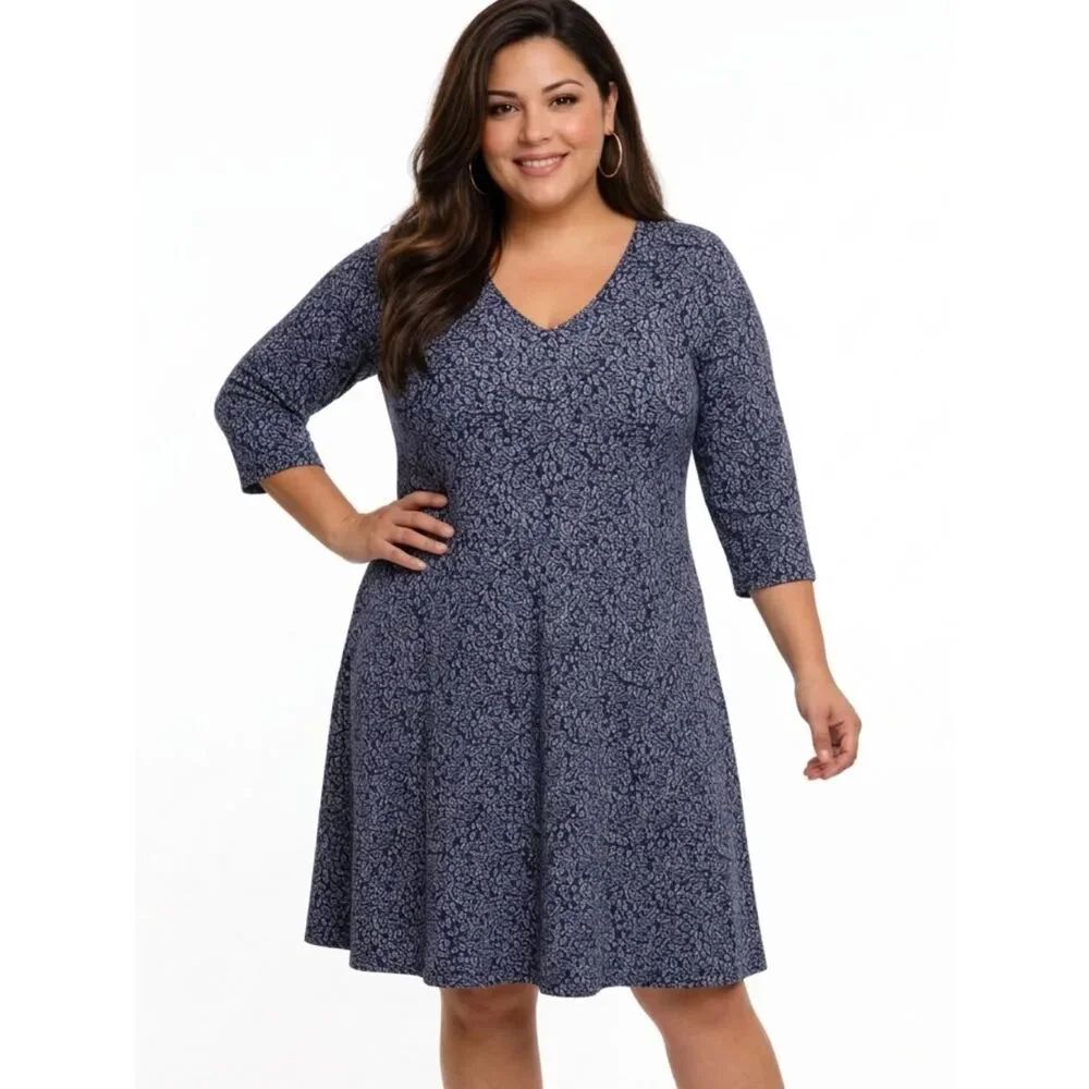 Leota Blue & White Patterned 3/4 Sleeve V-neck A-line Dress Size 3X